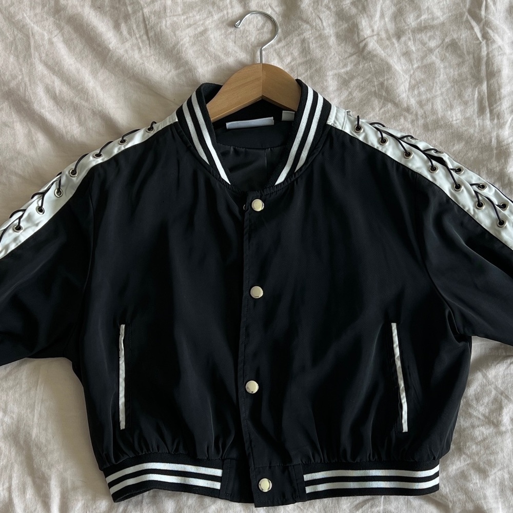 Black varsity tie- up Bomber Jacket